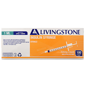 Livingstone Insulin Syringes 1ml with White Plunger and Needle 27G x 0.5 Inch 100 Pieces/Box - Clear x20