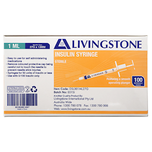 Livingstone Insulin Syringes 1ml with White Plunger and Needle 27G x 0.5 Inch 100 Pieces/Box - Clear x20