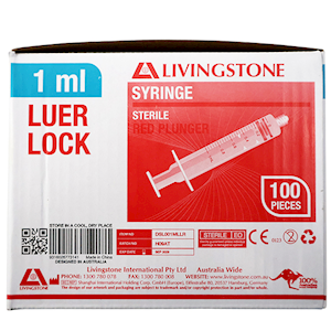 Livingstone Syringe 1ml Luer Lock Tip Latex Free Hypoallergeni 100/Box - Red