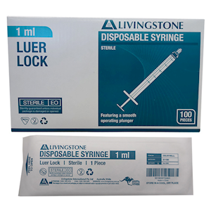 Livingstone Syringe 1ml Luer Lock Tip White Plunger Polycarbonate Barrel 100/Box - Clear x10