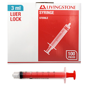 Livingstone Syringe 3ml Luer Lock Tip Red Plunger Latex Free Hypoallergenic 100/Box - Red x20