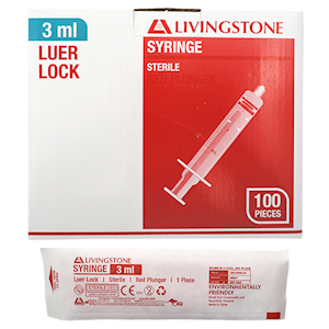 Livingstone Syringe 3ml Luer Lock Tip Red Plunger Latex Free Hypoallergenic 100/Box - Red x20