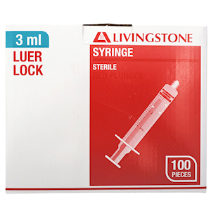 Livingstone Syringe 3ml Luer Lock Tip Red Plunger Latex Free Hypoallergenic 100/Box - Red x20