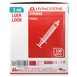 Livingstone Syringe 3ml Luer Lock Tip Red Plunger Latex Free Hypoallergenic 100/Box - Red x20