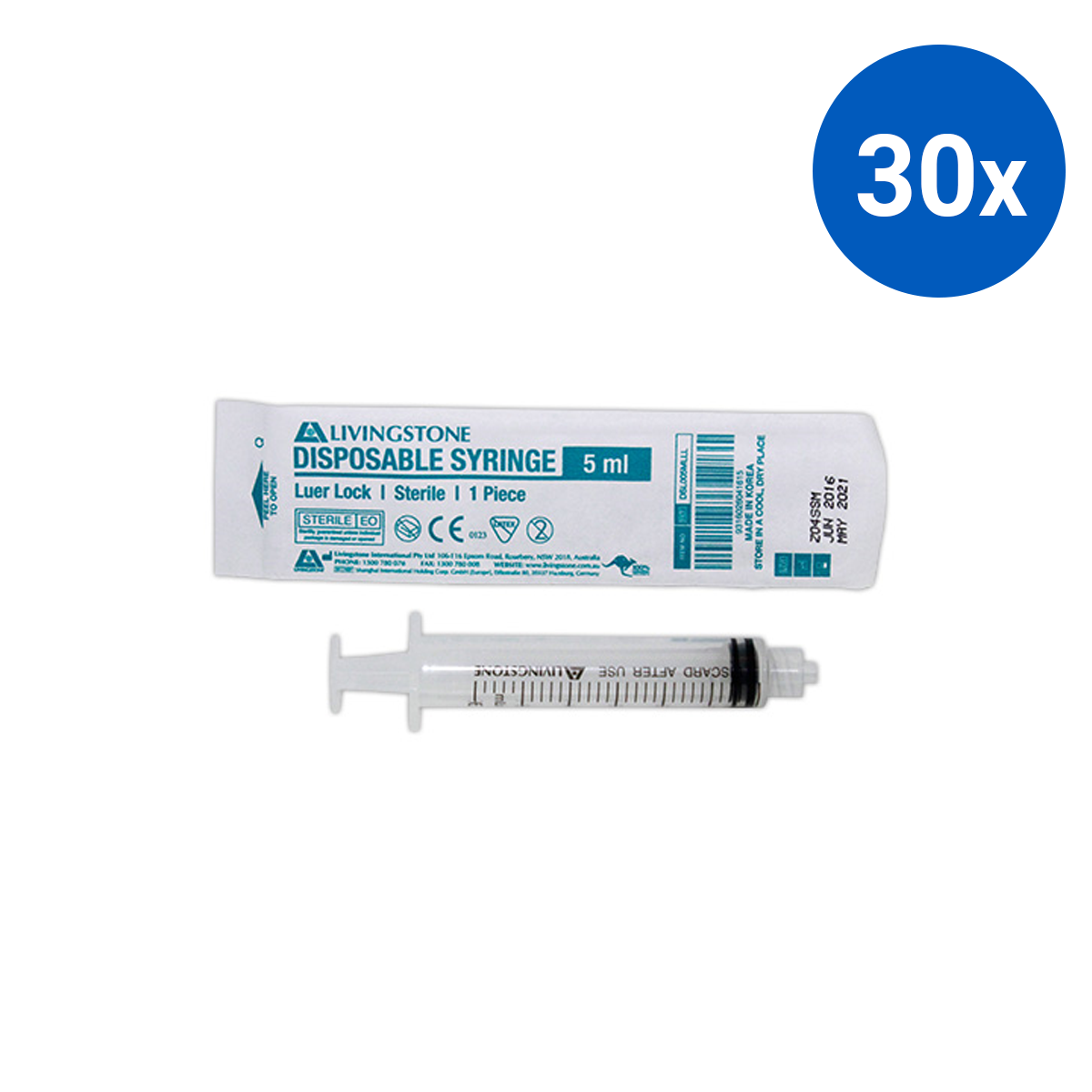 Livingstone Syringe 5ml Luer Lock Tip 100/Box - Clear x30