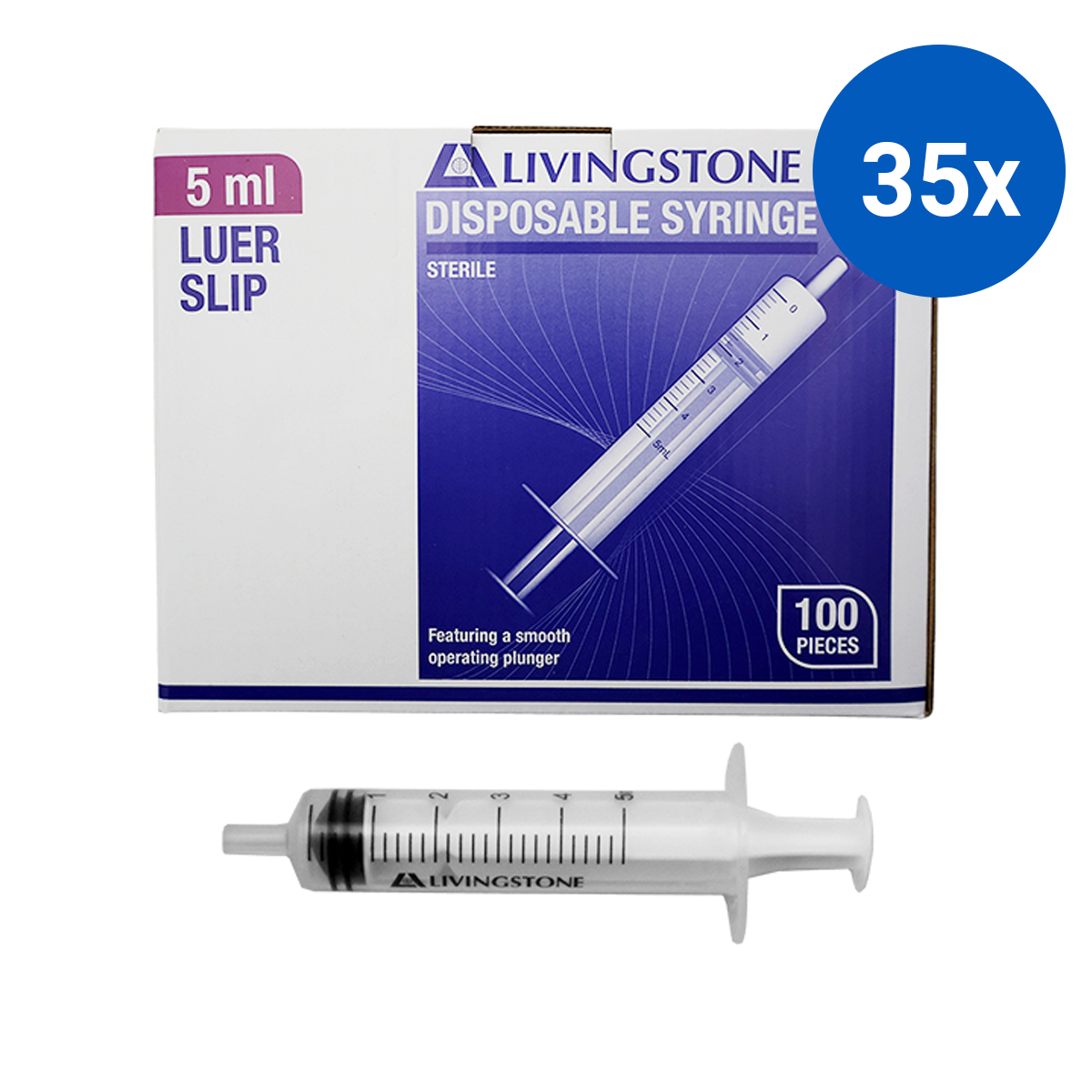 Livingstone Syringe 5ml Luer Slip Tip Latex Free Hypoallergenic Sterile 100 Pcs/Box - White x35