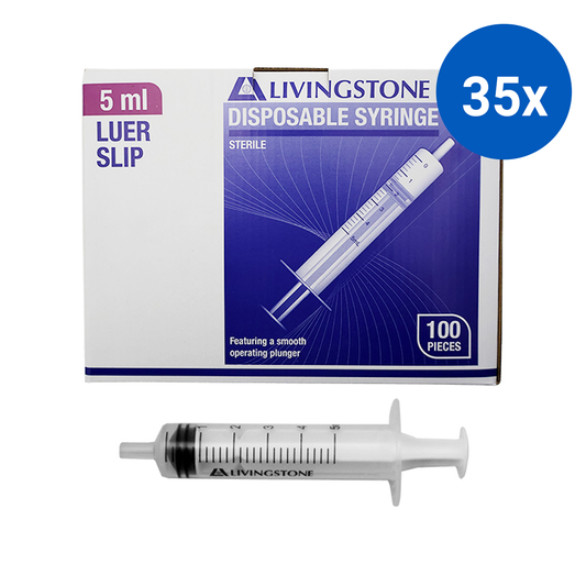 Livingstone Syringe 5ml Luer Slip Tip Latex Free Hypoallergenic Sterile 100 Pcs/Box - White x35