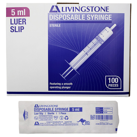 Livingstone Syringe 5ml Luer Slip Tip Latex Free Hypoallergenic Sterile 100 Pcs/Box - White x35