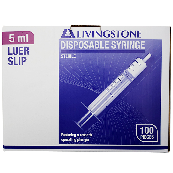 Livingstone Syringe 5ml Luer Slip Tip Latex Free Hypoallergenic Sterile 100 Pcs/Box - White x35