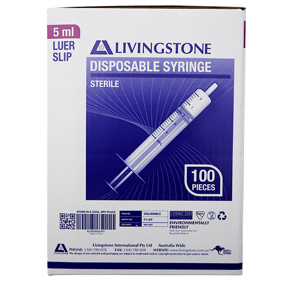 Livingstone Syringe 5ml Luer Slip Tip Latex Free Hypoallergenic Sterile 100 Pcs/Box - White x35