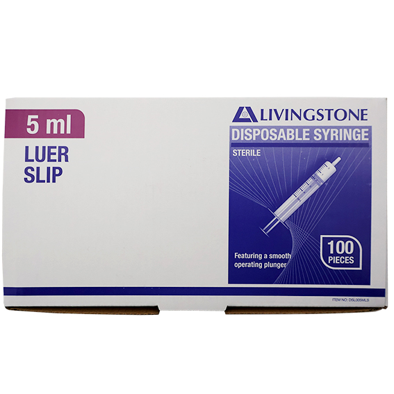 Livingstone Syringe 5ml Luer Slip Tip Latex Free Hypoallergenic Sterile 100 Pcs/Box - White x35