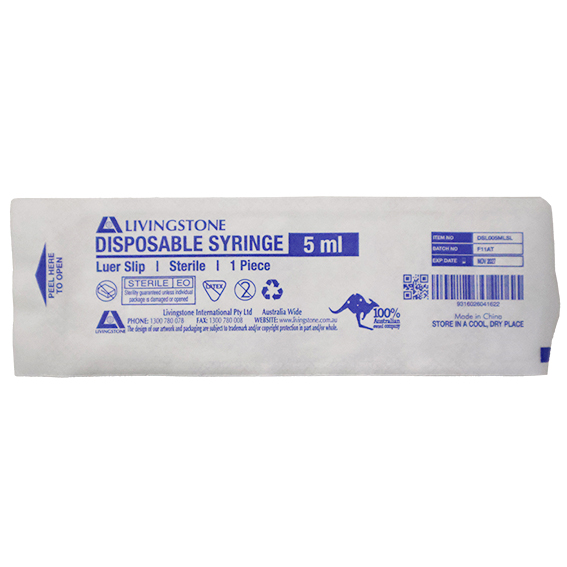 Livingstone Syringe 5ml Luer Slip Tip Latex Free Hypoallergenic Sterile 100 Pcs/Box - White x35