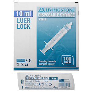 Livingstone Syringe 10ml Luer Lock Tip Latex Free Hypoallergenic 100/Box - Clear x25