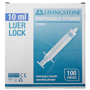 Livingstone Syringe 10ml Luer Lock Tip Latex Free Hypoallergenic 100/Box - Clear x25