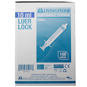Livingstone Syringe 10ml Luer Lock Tip Latex Free Hypoallergenic 100/Box - Clear x25