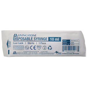 Livingstone Syringe 10ml Luer Lock Tip Latex Free Hypoallergenic 100/Box - Clear x25