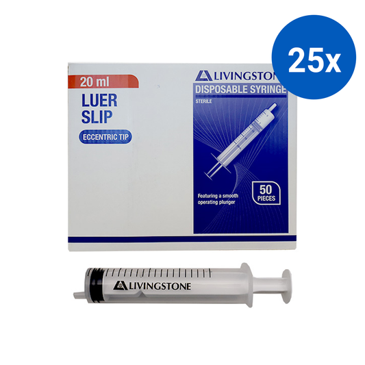 Livingstone Syringe 20ml Luer Slip Tip Eccentric Off Centre 50/Box - Clear x25
