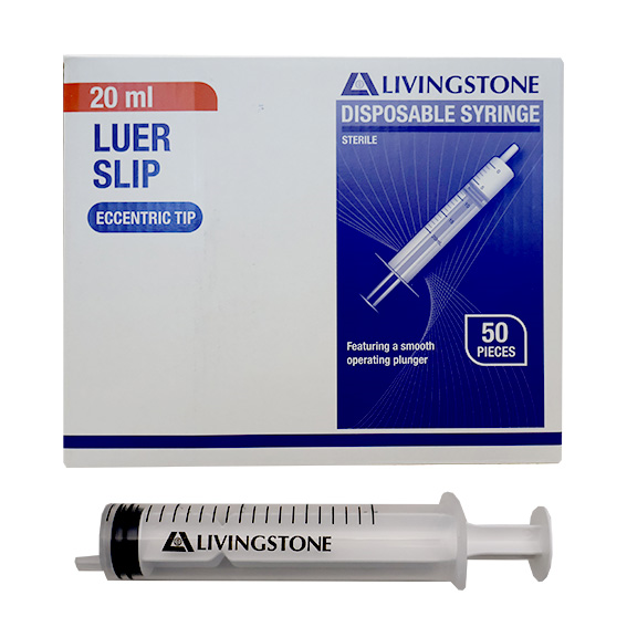 Livingstone Syringe 20ml Luer Slip Tip Eccentric Off Centre 50/Box - Clear x25
