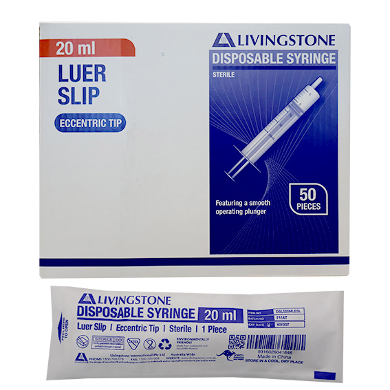 Livingstone Syringe 20ml Luer Slip Tip Eccentric Off Centre 50/Box - Clear x25
