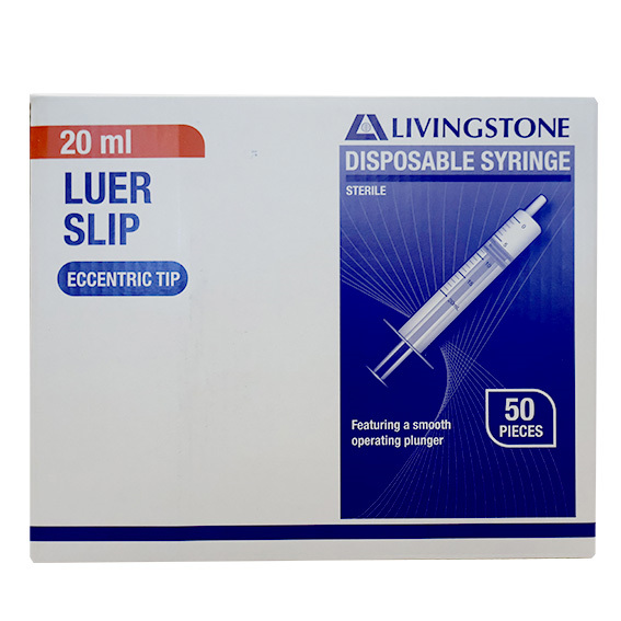 Livingstone Syringe 20ml Luer Slip Tip Eccentric Off Centre 50/Box - Clear x25
