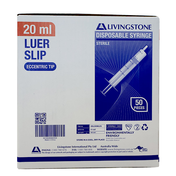 Livingstone Syringe 20ml Luer Slip Tip Eccentric Off Centre 50/Box - Clear x25