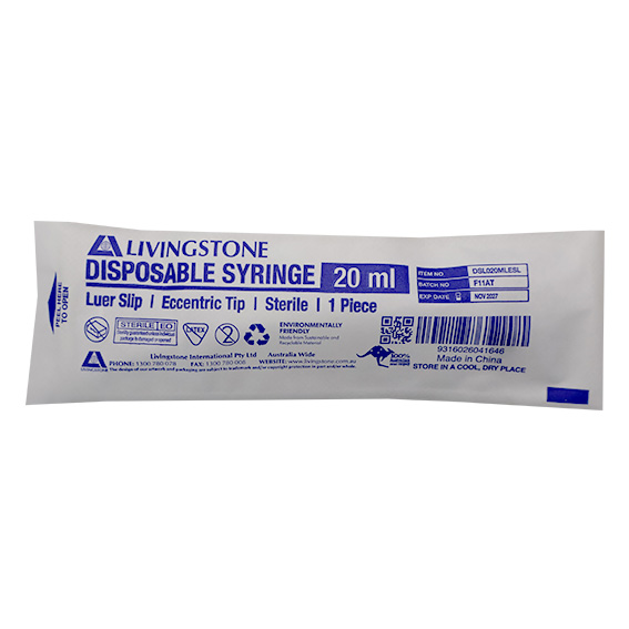 Livingstone Syringe 20ml Luer Slip Tip Eccentric Off Centre 50/Box - Clear x25
