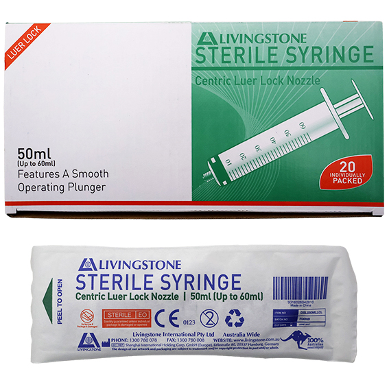 Livingstone Syringe 50ml Luer Lock Tip 20/Box - Clear x15