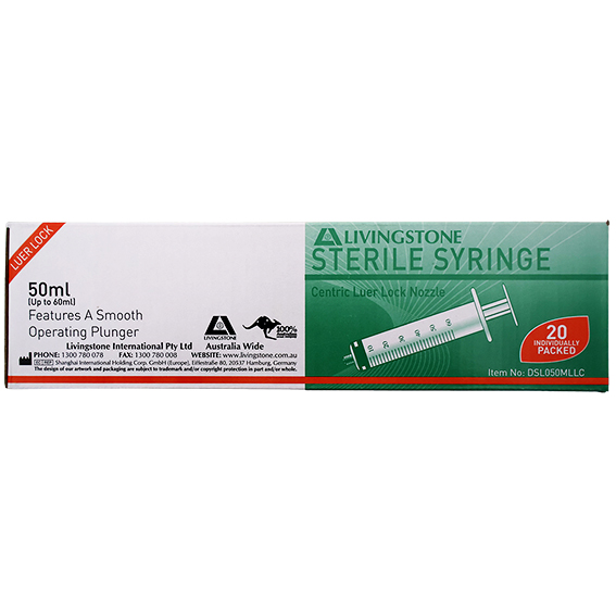 Livingstone Syringe 50ml Luer Lock Tip 20/Box - Clear x15
