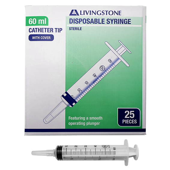 Livingstone Syringe 60ml Catheter Tip with Cap Latex Free Hypoallergenic Sterile 25/Box - Clear x15