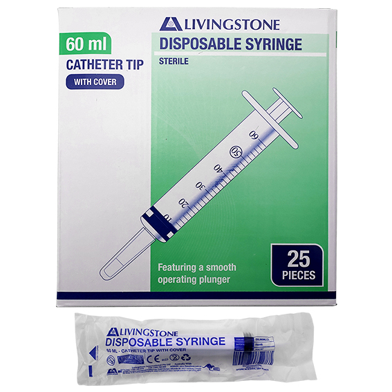 Livingstone Syringe 60ml Catheter Tip with Cap Latex Free Hypoallergenic Sterile 25/Box - Clear x15