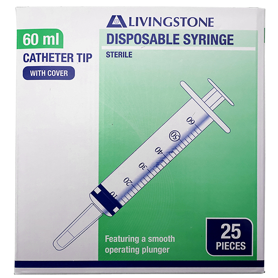 Livingstone Syringe 60ml Catheter Tip with Cap Latex Free Hypoallergenic Sterile 25/Box - Clear x15