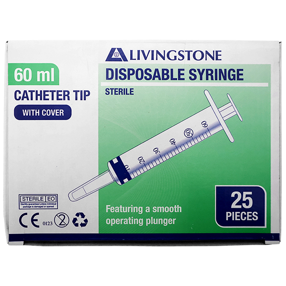 Livingstone Syringe 60ml Catheter Tip with Cap Latex Free Hypoallergenic Sterile 25/Box - Clear x15