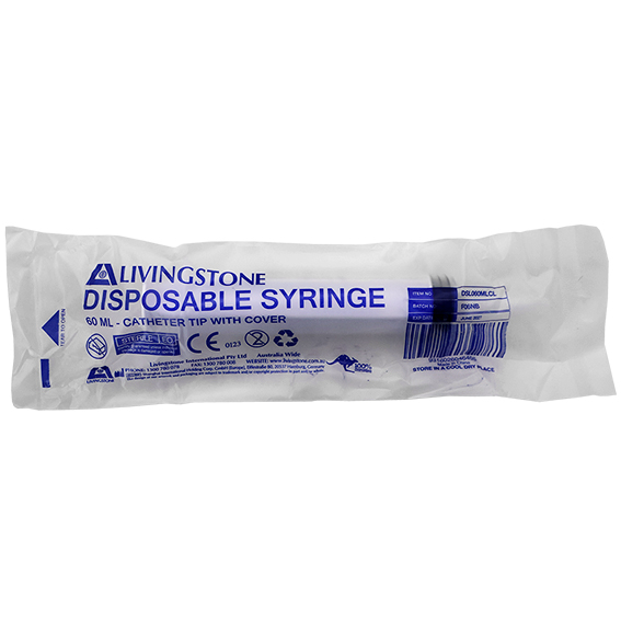 Livingstone Syringe 60ml Catheter Tip with Cap Latex Free Hypoallergenic Sterile 25/Box - Clear x15