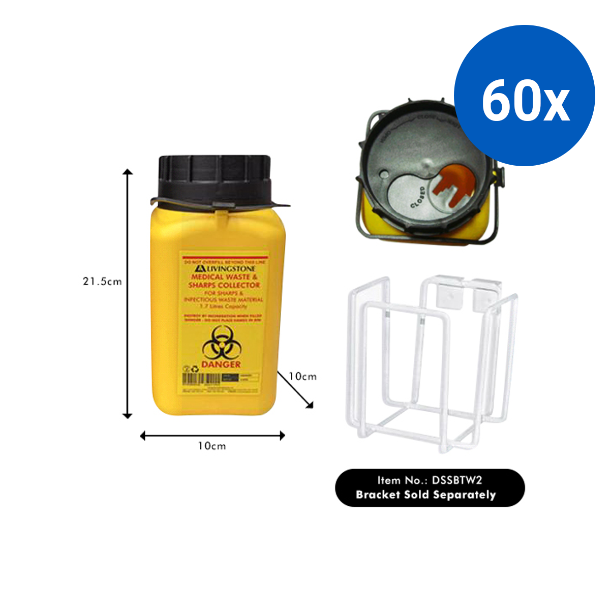 Liv Sharps Waste Collector with Screw On Cap 1.4L 10x10x21.5cm - Yellow x60