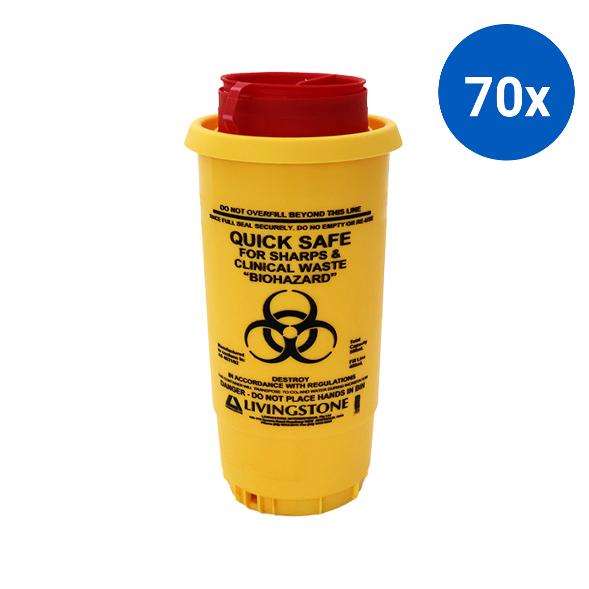 Livingstone Needles Sharps Waste Collector 500ml with Pull Off Lid and Finger Guard Round - Yellow x70