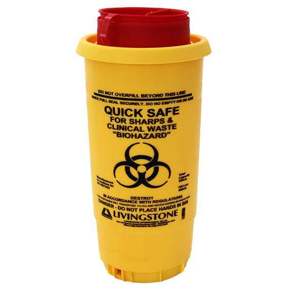 Livingstone Needles Sharps Waste Collector 500ml with Pull Off Lid and Finger Guard Round - Yellow x70