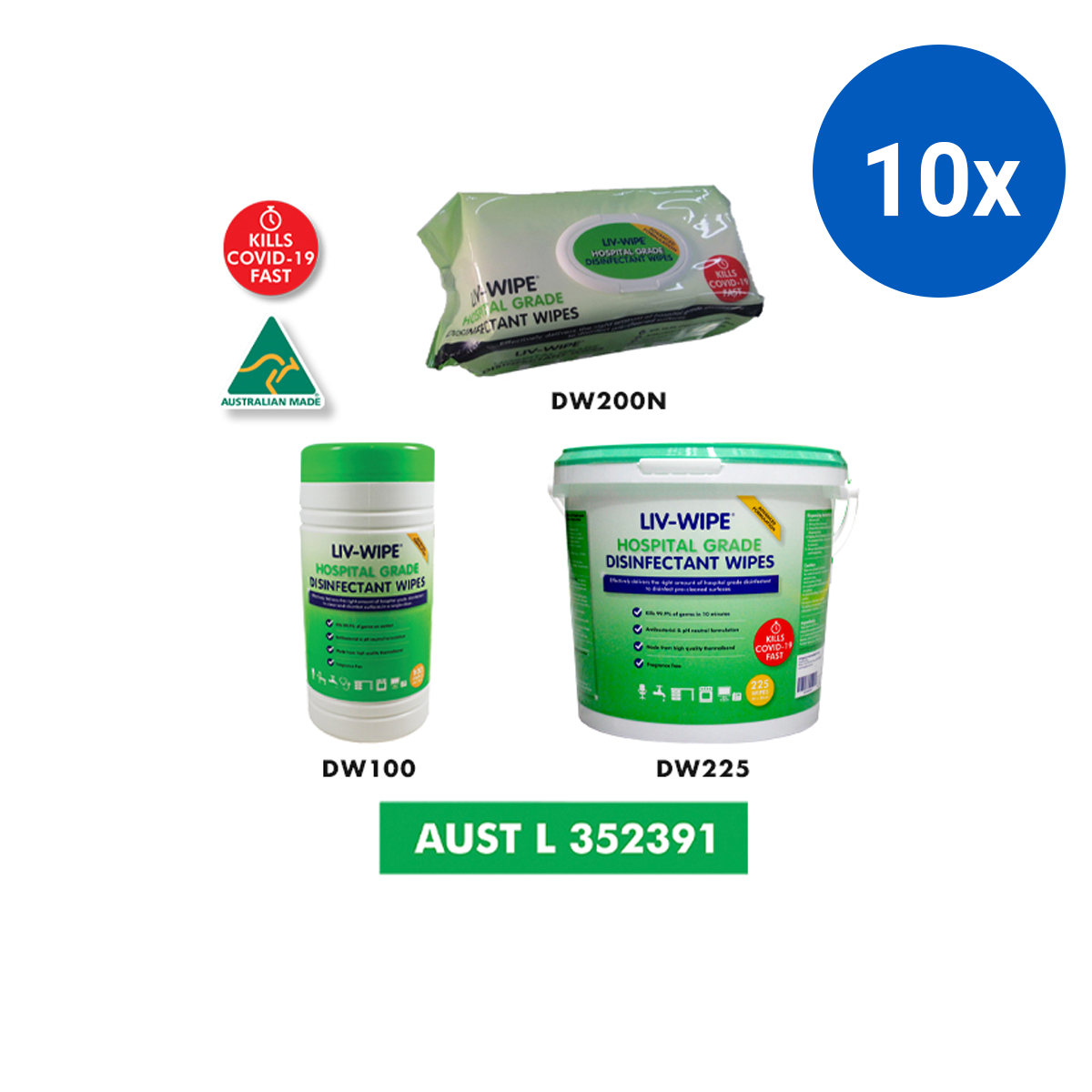 Liv-Wipe Hospital Grade Sanitiser Disinfectant Wipe 22 x 28cm TGA 352391 150/Pk 6/Ctn - White x10