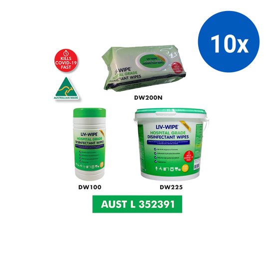 Liv-Wipe Hospital Grade Sanitiser Disinfectant Wipe 22 x 28cm TGA 352391 150/Pk 6/Ctn - White x10