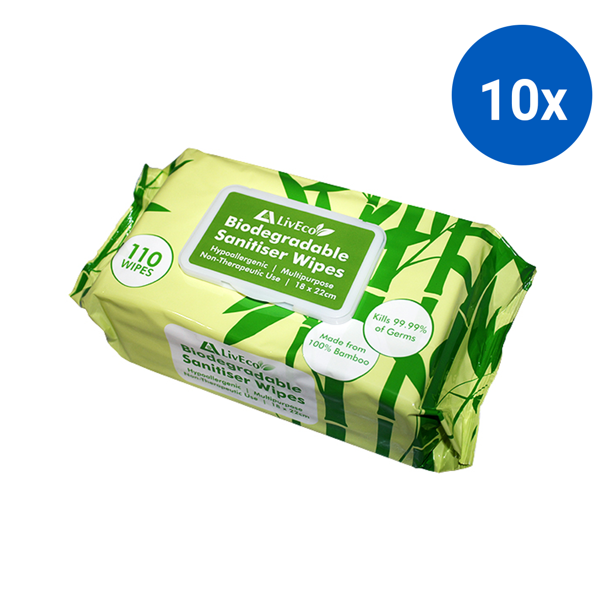 LivEco Sanitiser and Disinfectant Wipes 18 x 22cm 45GSM 110/Pack 4 Packs/Carton - White x10