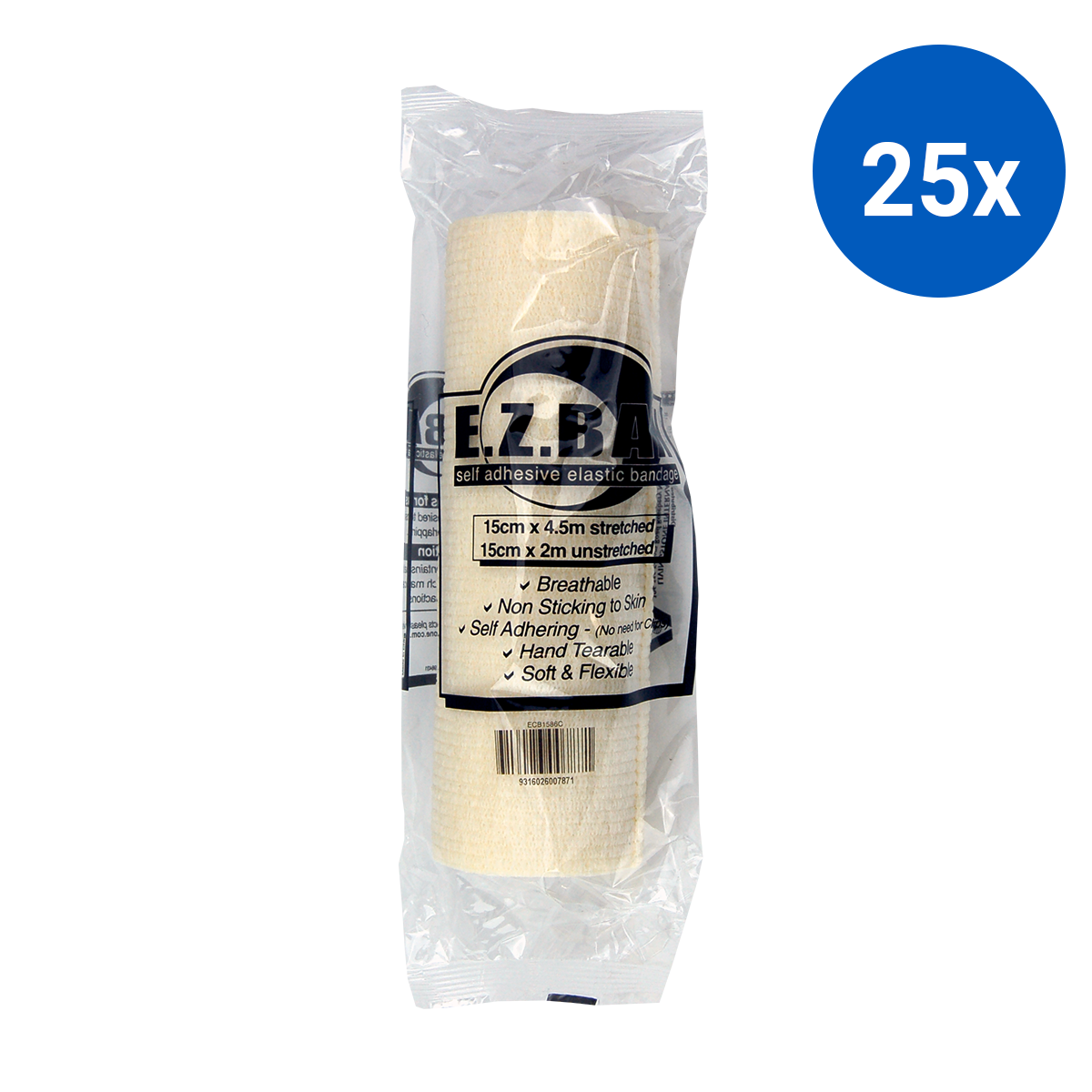E.Z. Ban Wrap Cohesive Elastic Bandage 15cm x 2m stretch to 4.5m - White x25