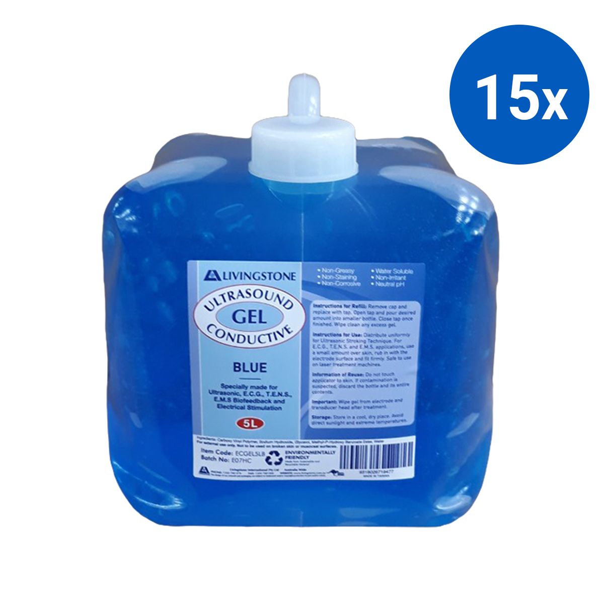 Livingstone Ultrasound & ECG Electrocardiogram Conductive Gel 5 Liters - Blue x15