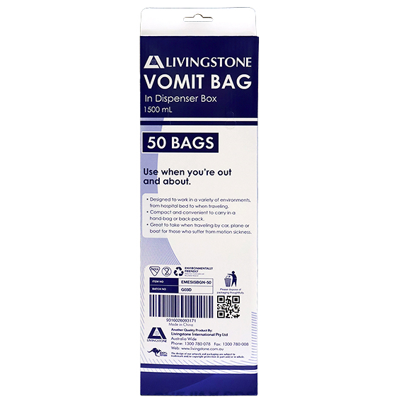 Livingstone Emesis Vomit Bag 1500ml in Patented Dispenser 50 Pcs/Box - White x15