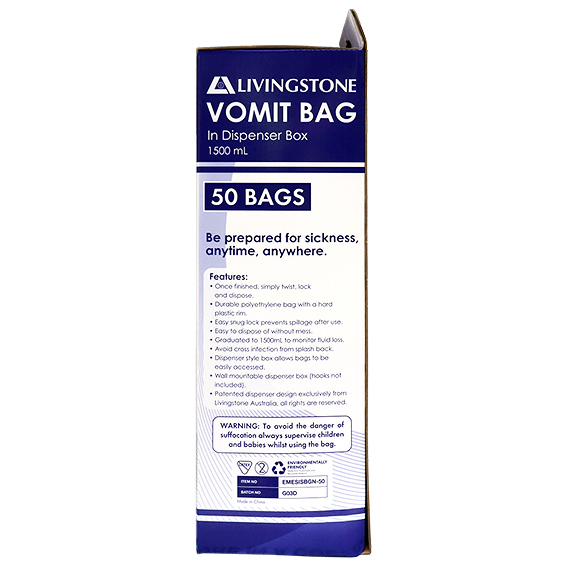 Livingstone Emesis Vomit Bag 1500ml in Patented Dispenser 50 Pcs/Box - White x15