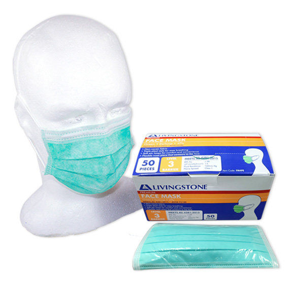 Liv Medical Face Mask TGA349651 4-Ply Level 3 ASTM Ear Loop No Latex No Fibreglass 50/Box - Green x40