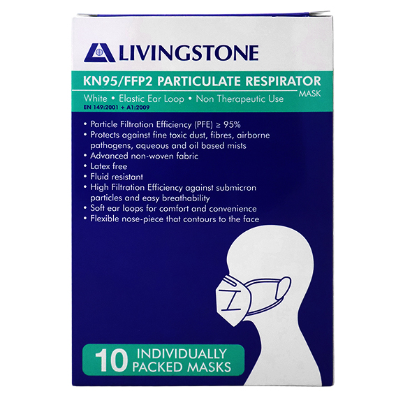 Liv KN95 FFP2 Face Mask Respirator Level3 Vertical Duckbill EarLoop Single Pack 10/Box - White x25