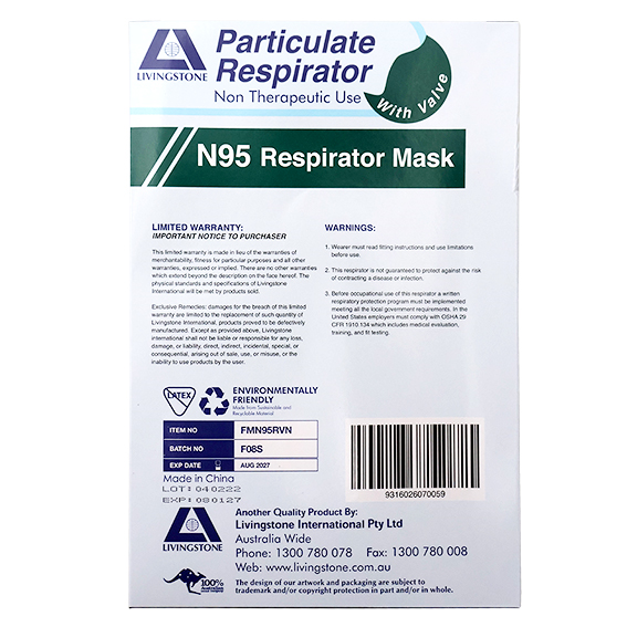 Liv Genuine N95 P2 Respirator Face Mask Valved Cupped Cone NIOSH 84A-5460 Head Band 10/Box - White x15