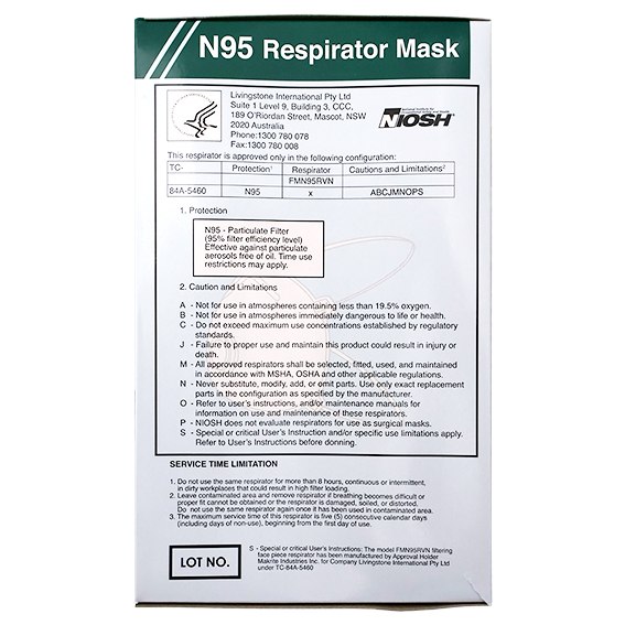 Liv Genuine N95 P2 Respirator Face Mask Valved Cupped Cone NIOSH 84A-5460 Head Band 10/Box - White x15