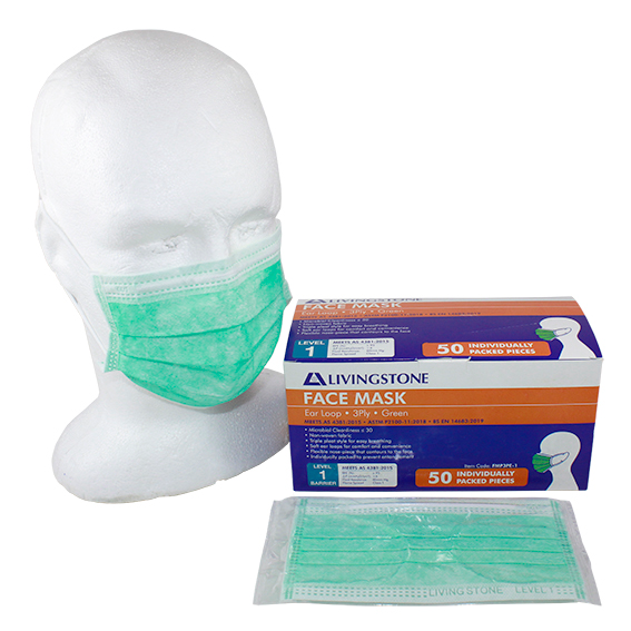 Livingstone Face Mask TGA 350632 Level 2 3-Ply EN14683 Type IIR ASTM F2100-19 Earloop 1 Pc/Pack 50 Packs/Box - Green x15