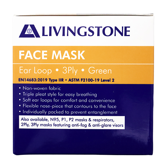 Livingstone Face Mask TGA 350632 Level 2 3-Ply EN14683 Type IIR ASTM F2100-19 Earloop 1 Pc/Pack 50 Packs/Box - Green x15