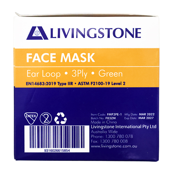 Livingstone Face Mask TGA 350632 Level 2 3-Ply EN14683 Type IIR ASTM F2100-19 Earloop 1 Pc/Pack 50 Packs/Box - Green x15
